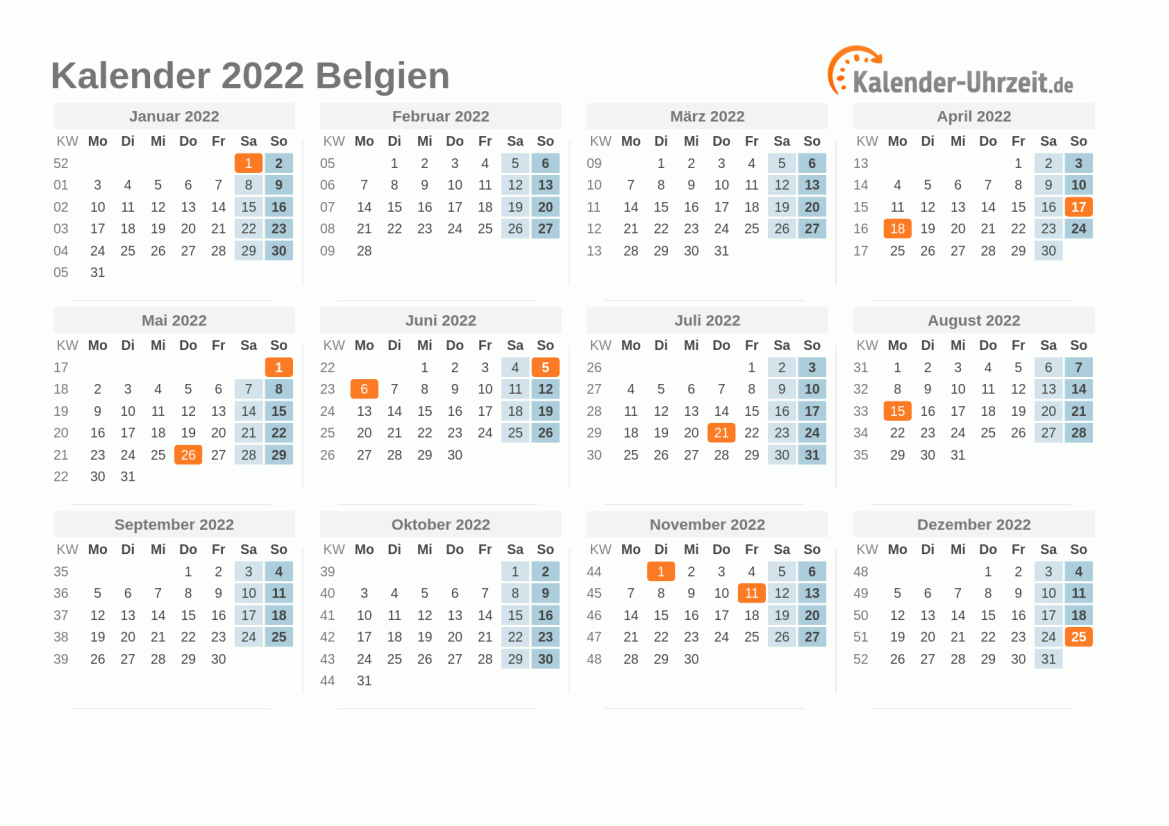 Kalender 2022 Belgien mit Feiertagen zum Ausdrucken Kalender 2022 Belgien mit Feiertagen