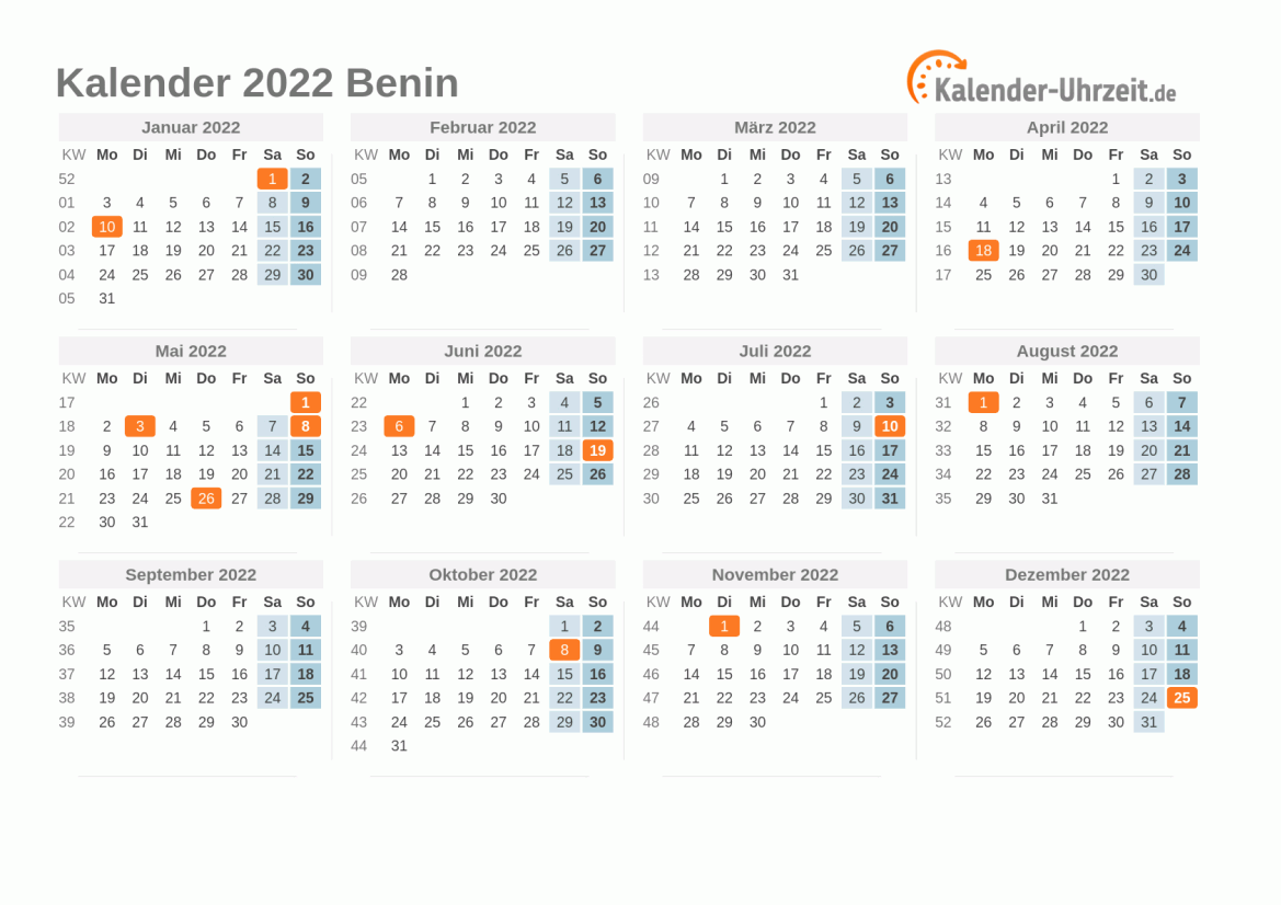Kalender 2022 Benin mit Feiertagen