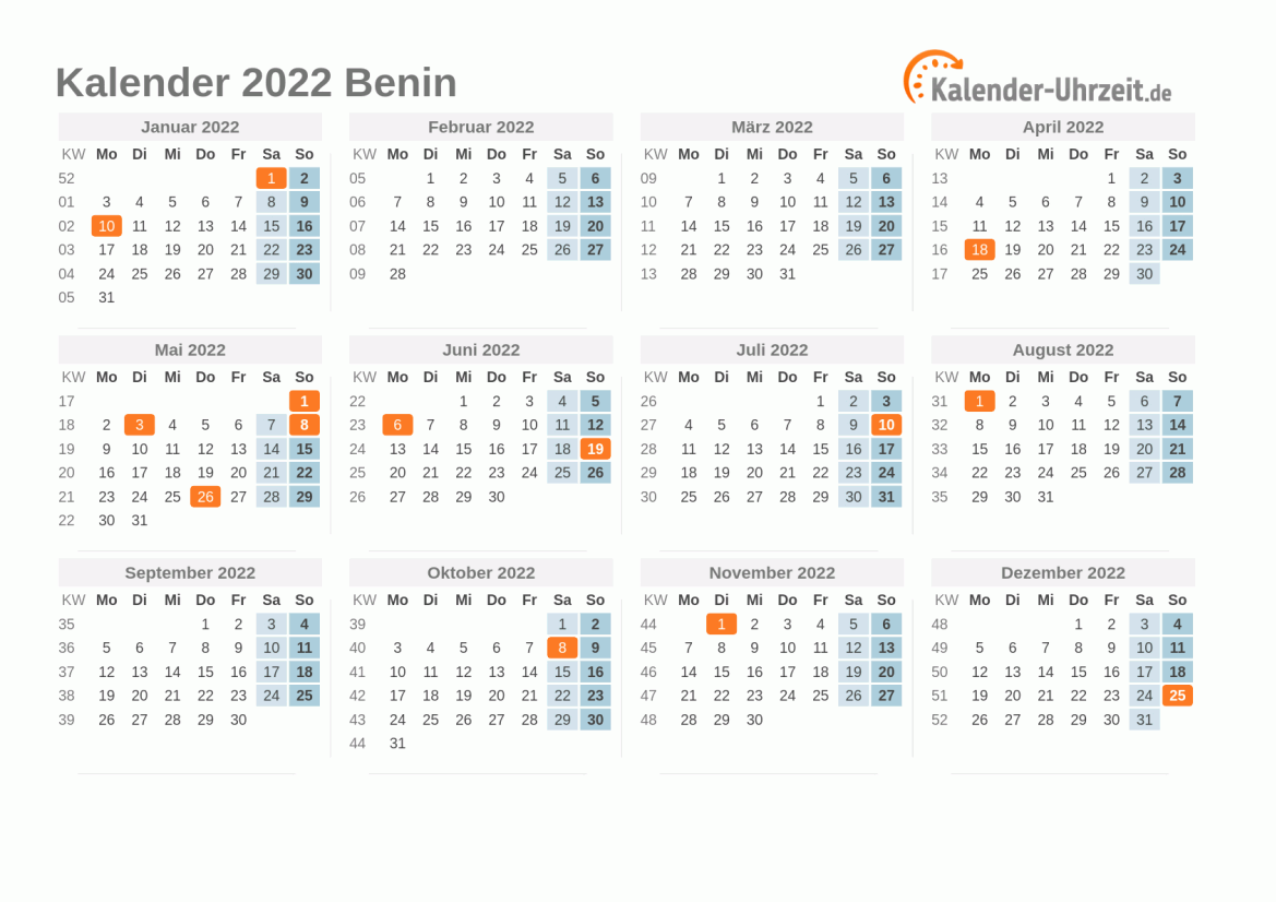 Kalender 2022 Benin mit Feiertagen zum Ausdrucken Kalender 2022 Benin mit Feiertagen