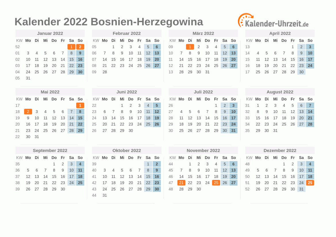 Kalender 2022 Bosnien-Herzegowina mit Feiertagen