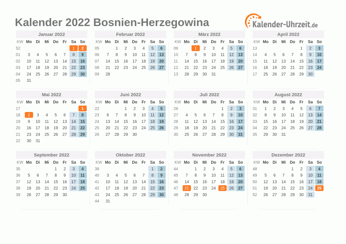 Kalender 2022 Bosnien-Herzegowina mit Feiertagen zum Ausdrucken Kalender 2022 Bosnien-Herzegowina mit Feiertagen