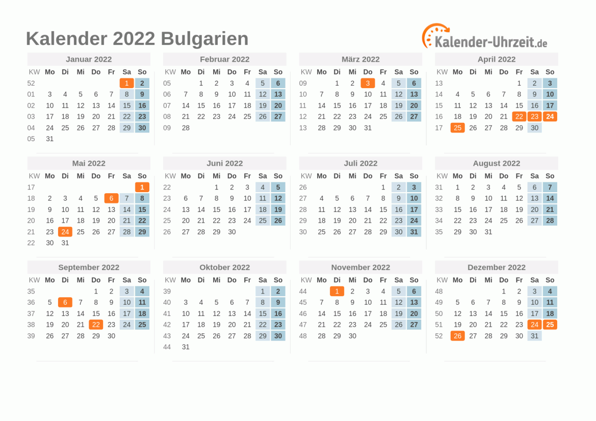 Kalender 2022 Bulgarien mit Feiertagen