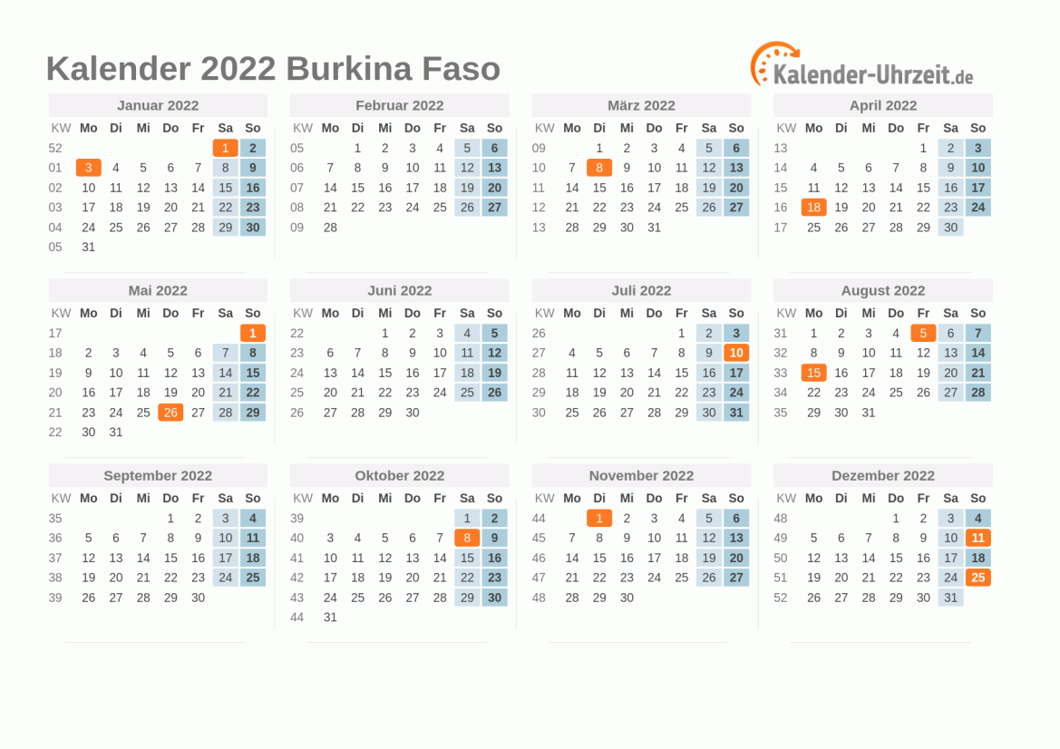 Kalender 2022 Burkina Faso mit Feiertagen