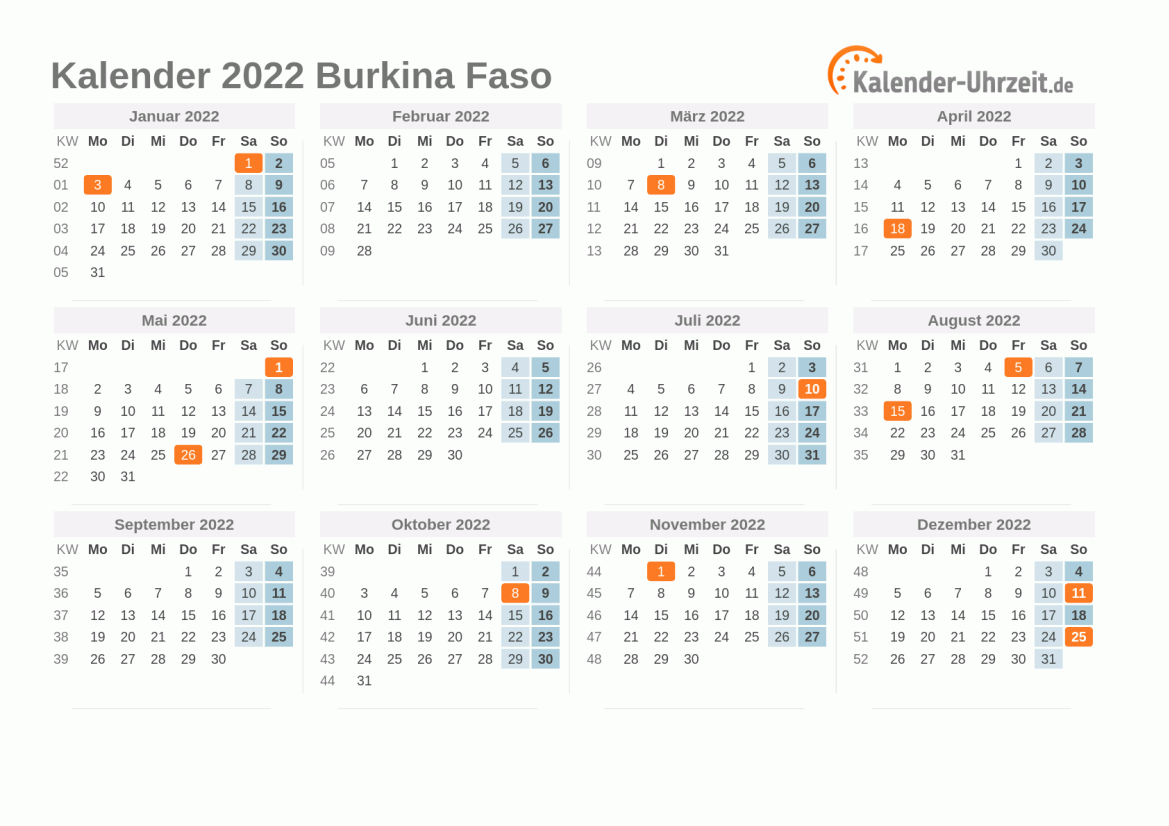 Kalender 2022 Burkina Faso mit Feiertagen zum Ausdrucken Kalender 2022 Burkina Faso mit Feiertagen