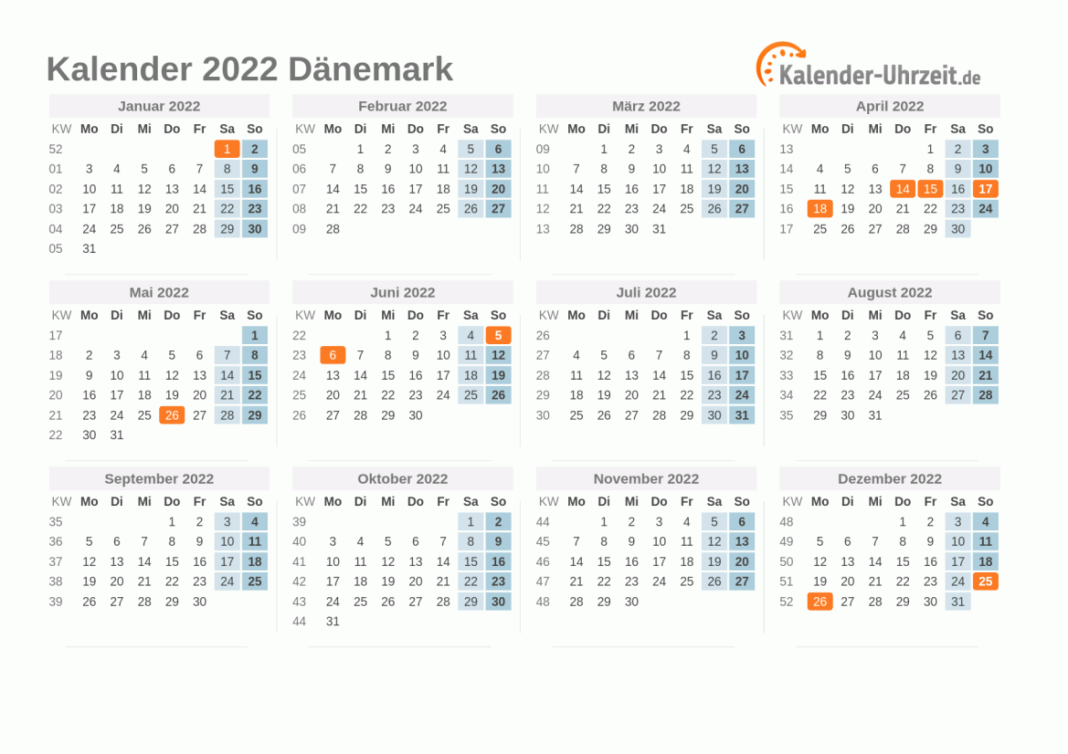 Kalender 2022 Dänemark mit Feiertagen