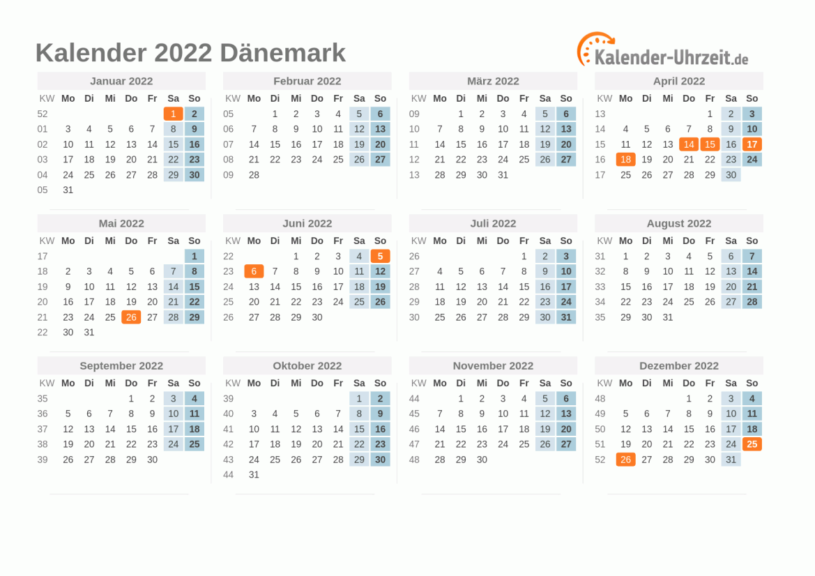 Kalender 2022 Dänemark mit Feiertagen zum Ausdrucken Kalender 2022 Dänemark mit Feiertagen