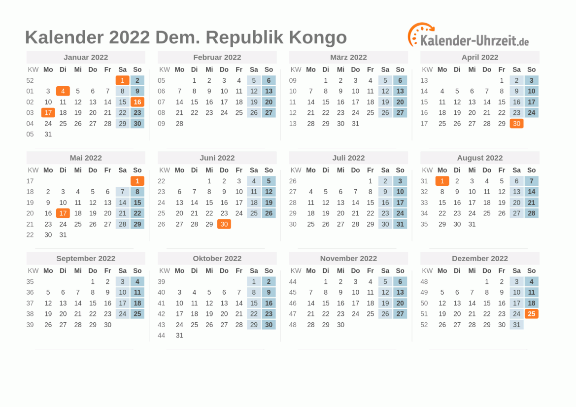 Kalender 2022 Dem. Republik Kongo mit Feiertagen