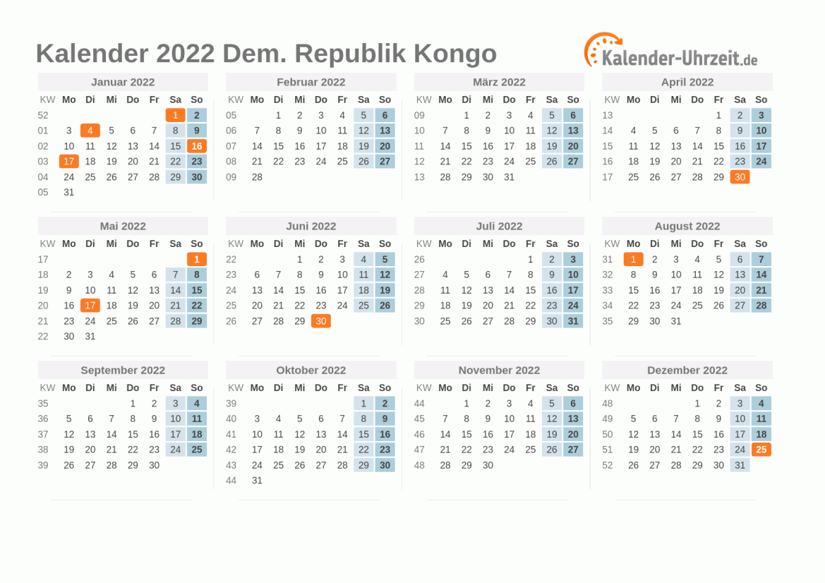 Kalender 2022 Dem. Republik Kongo mit Feiertagen zum Ausdrucken Kalender 2022 Dem. Republik Kongo mit Feiertagen