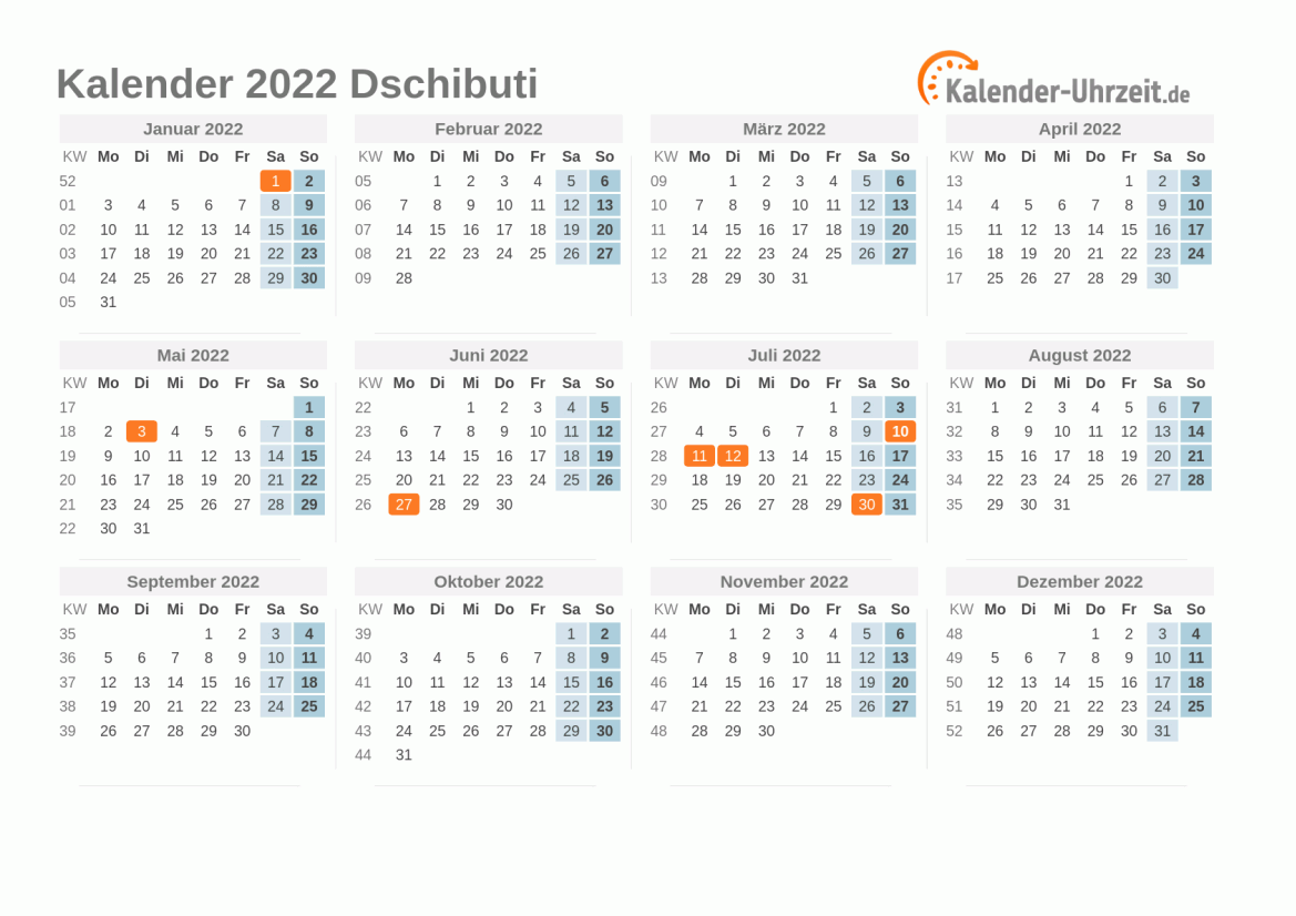 Kalender 2022 Dschibuti mit Feiertagen