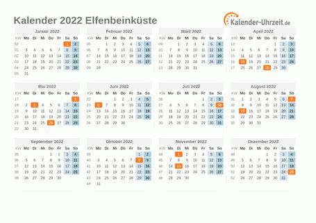 Kalender 2022 Elfenbeinküste mit Feiertagen zum Downloaden und Ausdrucken Kalender 2022 Elfenbeinküste mit Feiertagen
