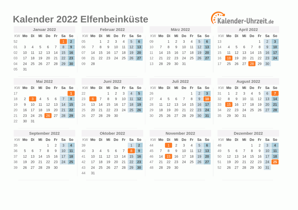 Kalender 2022 Elfenbeinküste mit Feiertagen
