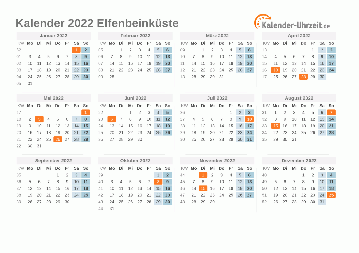 Kalender 2022 Elfenbeinküste mit Feiertagen zum Ausdrucken Kalender 2022 Elfenbeinküste mit Feiertagen