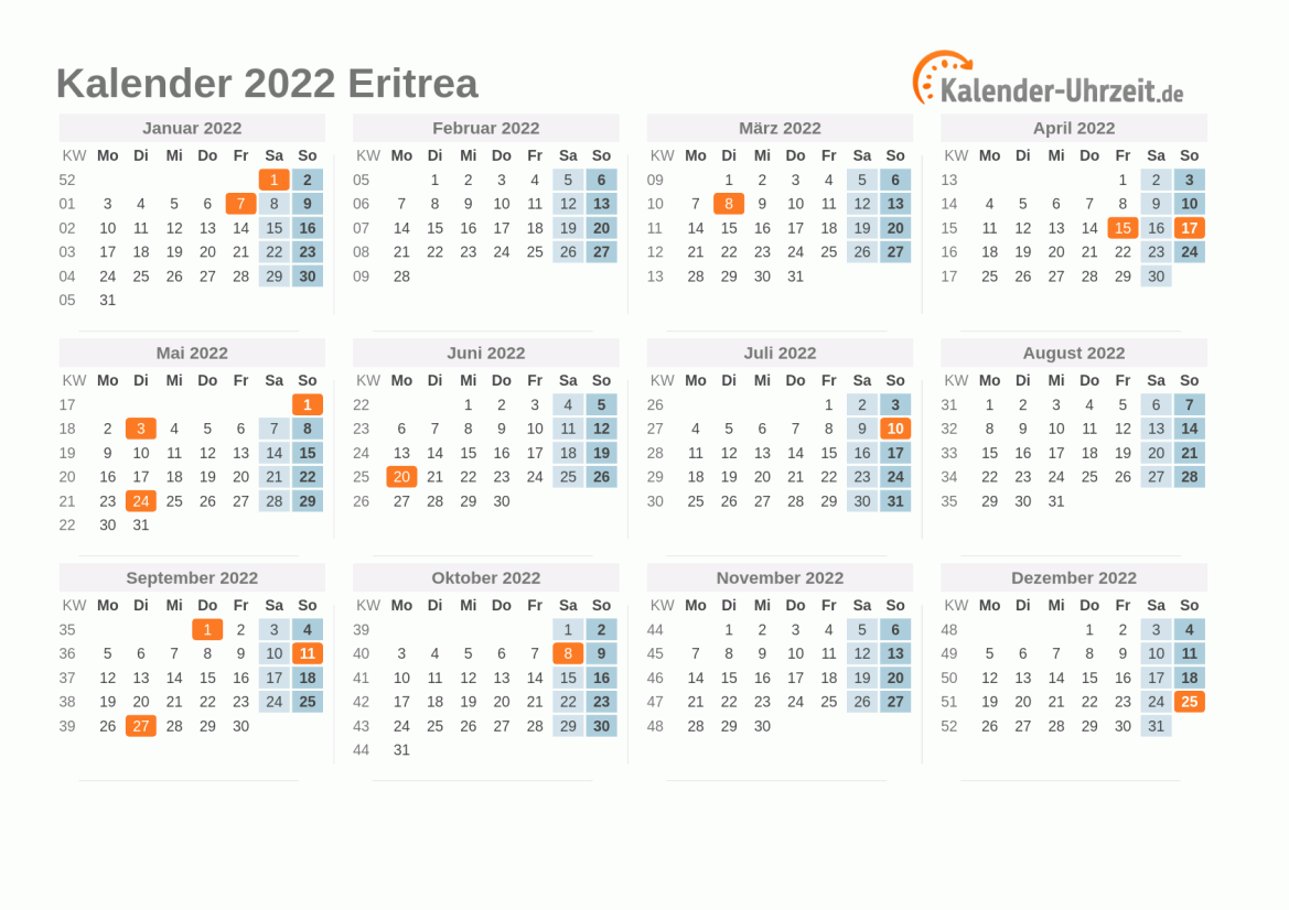 Kalender 2022 Eritrea mit Feiertagen zum Ausdrucken Kalender 2022 Eritrea mit Feiertagen