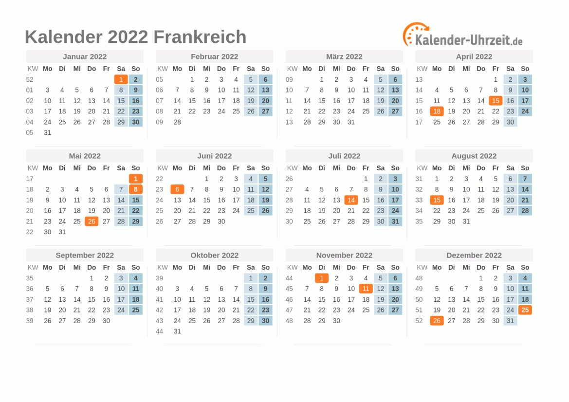Kalender 2022 Frankreich mit Feiertagen