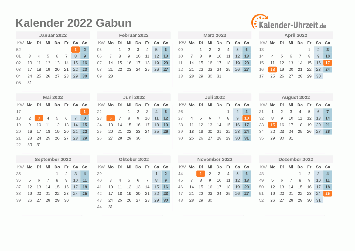 Kalender 2022 Gabun mit Feiertagen