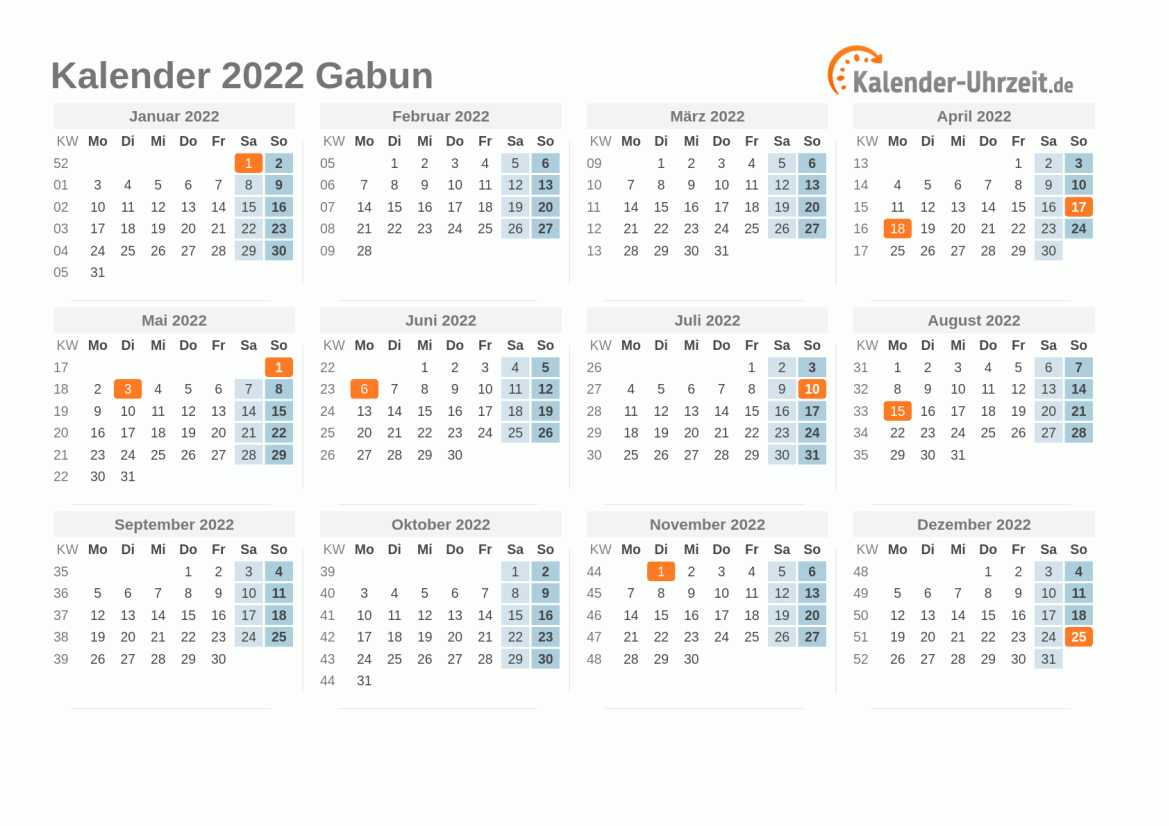 Kalender 2022 Gabun mit Feiertagen zum Ausdrucken Kalender 2022 Gabun mit Feiertagen