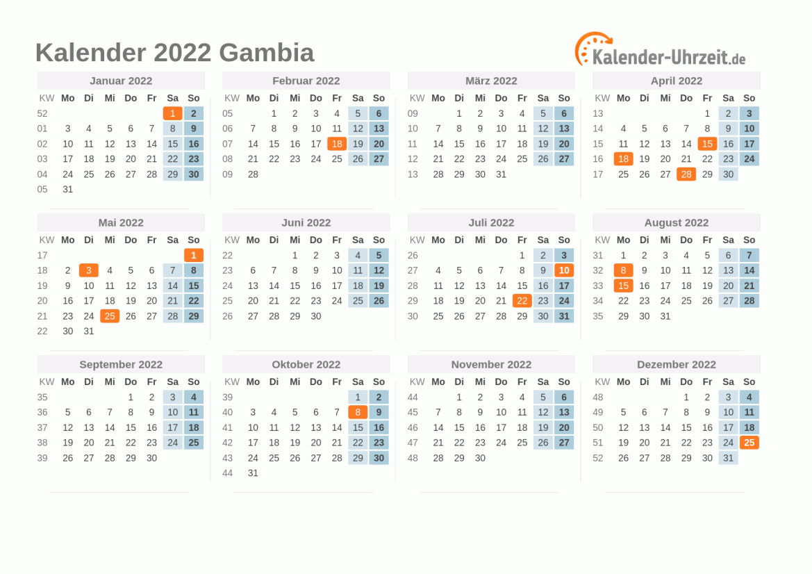 Kalender 2022 Gambia mit Feiertagen