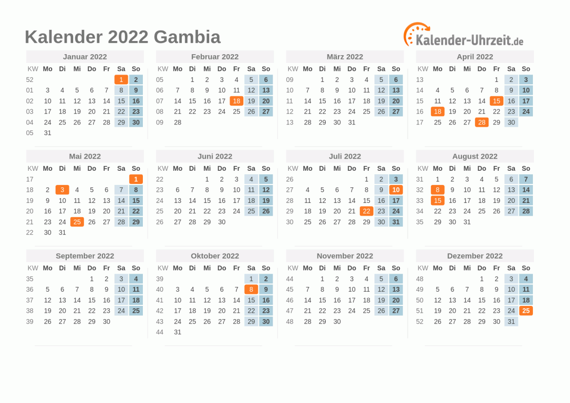 Kalender 2022 Gambia mit Feiertagen zum Ausdrucken Kalender 2022 Gambia mit Feiertagen