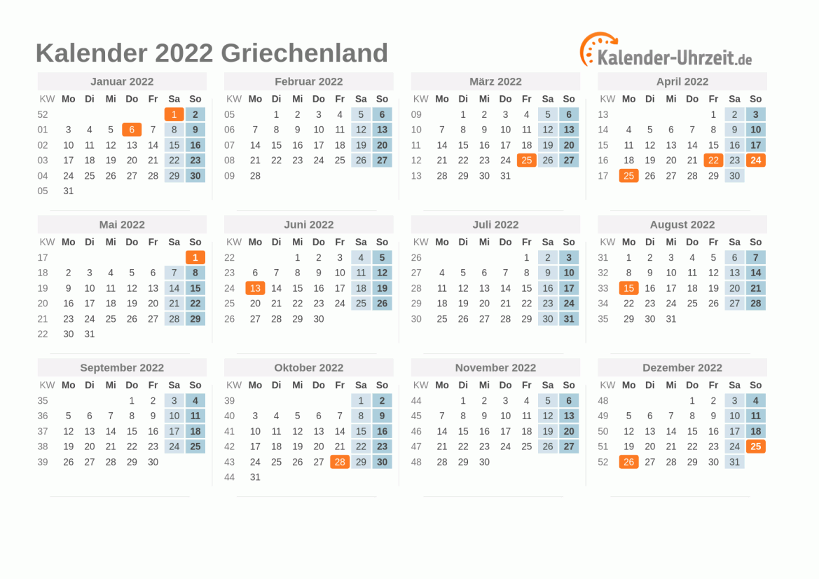 Kalender 2022 Griechenland mit Feiertagen