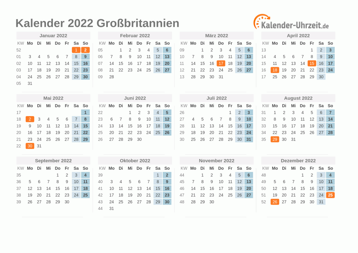 Kalender 2022 Großbritannien mit Feiertagen