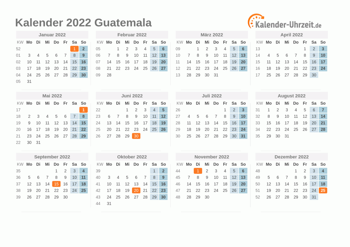 Kalender 2022 Guatemala mit Feiertagen