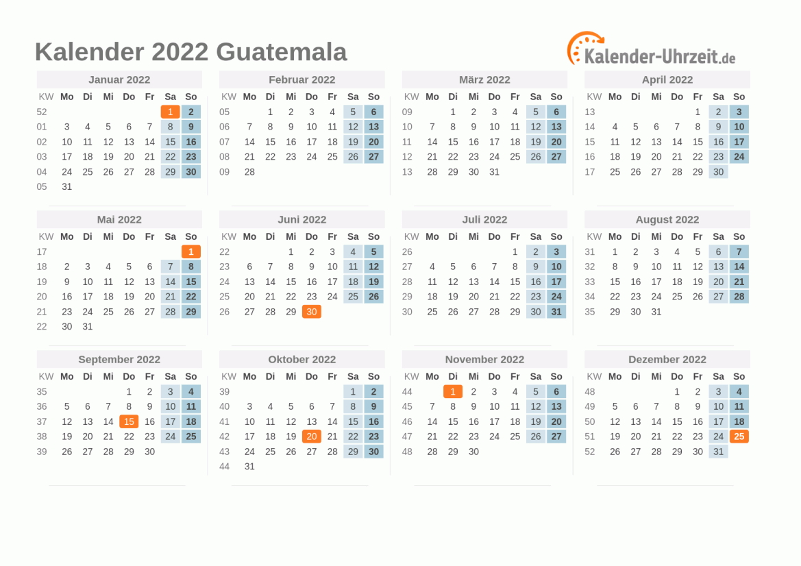 Kalender 2022 Guatemala mit Feiertagen zum Ausdrucken Kalender 2022 Guatemala mit Feiertagen