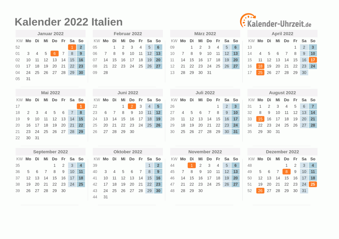 Kalender 2022 Italien mit Feiertagen