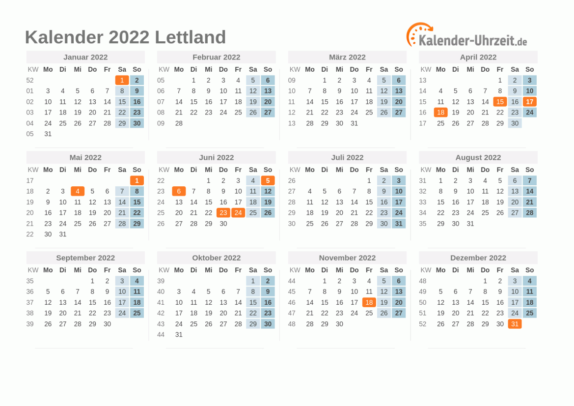 Kalender 2022 Lettland mit Feiertagen