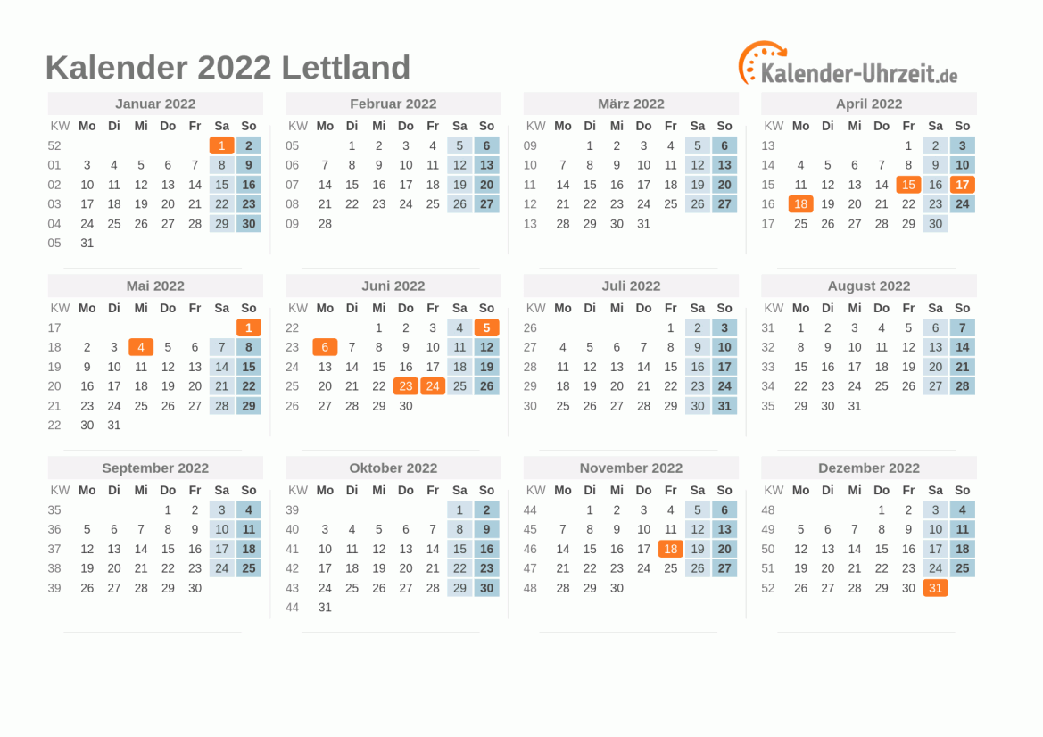 Kalender 2022 Lettland mit Feiertagen zum Ausdrucken Kalender 2022 Lettland mit Feiertagen