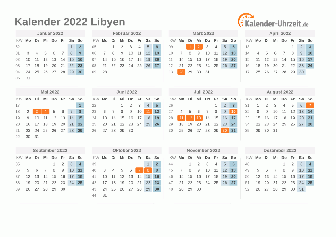 Kalender 2022 Libyen mit Feiertagen