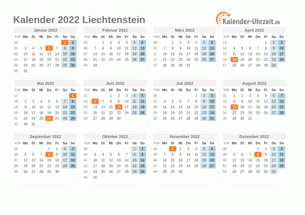 Kalender 2022 Liechtenstein mit Feiertagen zum Ausdrucken Kalender 2022 Liechtenstein mit Feiertagen