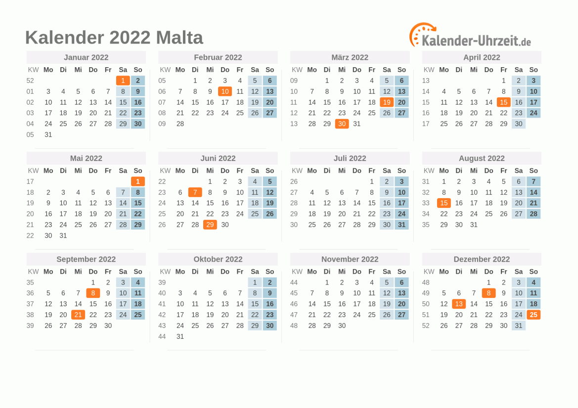 Kalender 2022 Malta mit Feiertagen