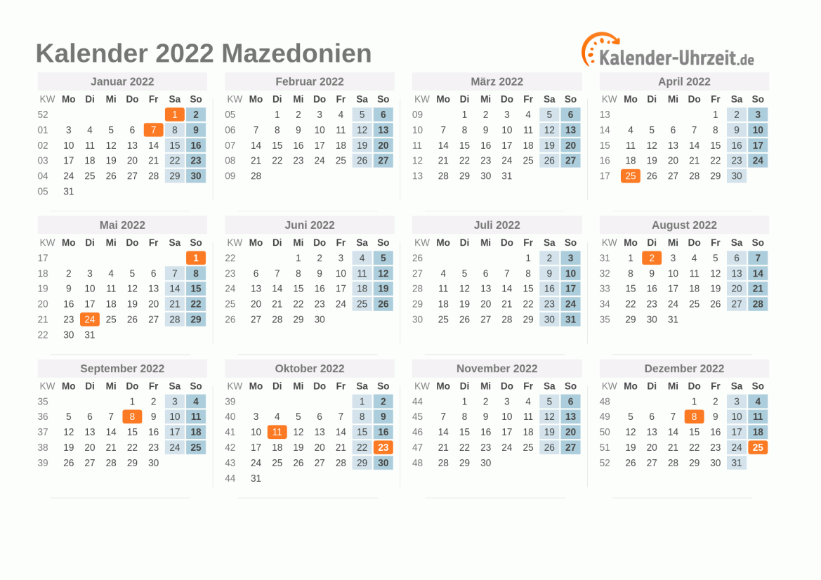 Kalender 2022 Mazedonien mit Feiertagen