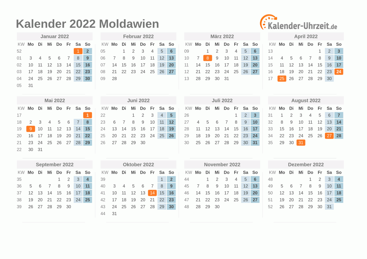 Kalender 2022 Moldawien mit Feiertagen