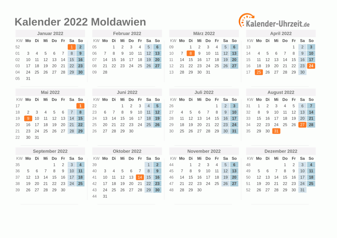 Kalender 2022 Moldawien mit Feiertagen zum Ausdrucken Kalender 2022 Moldawien mit Feiertagen