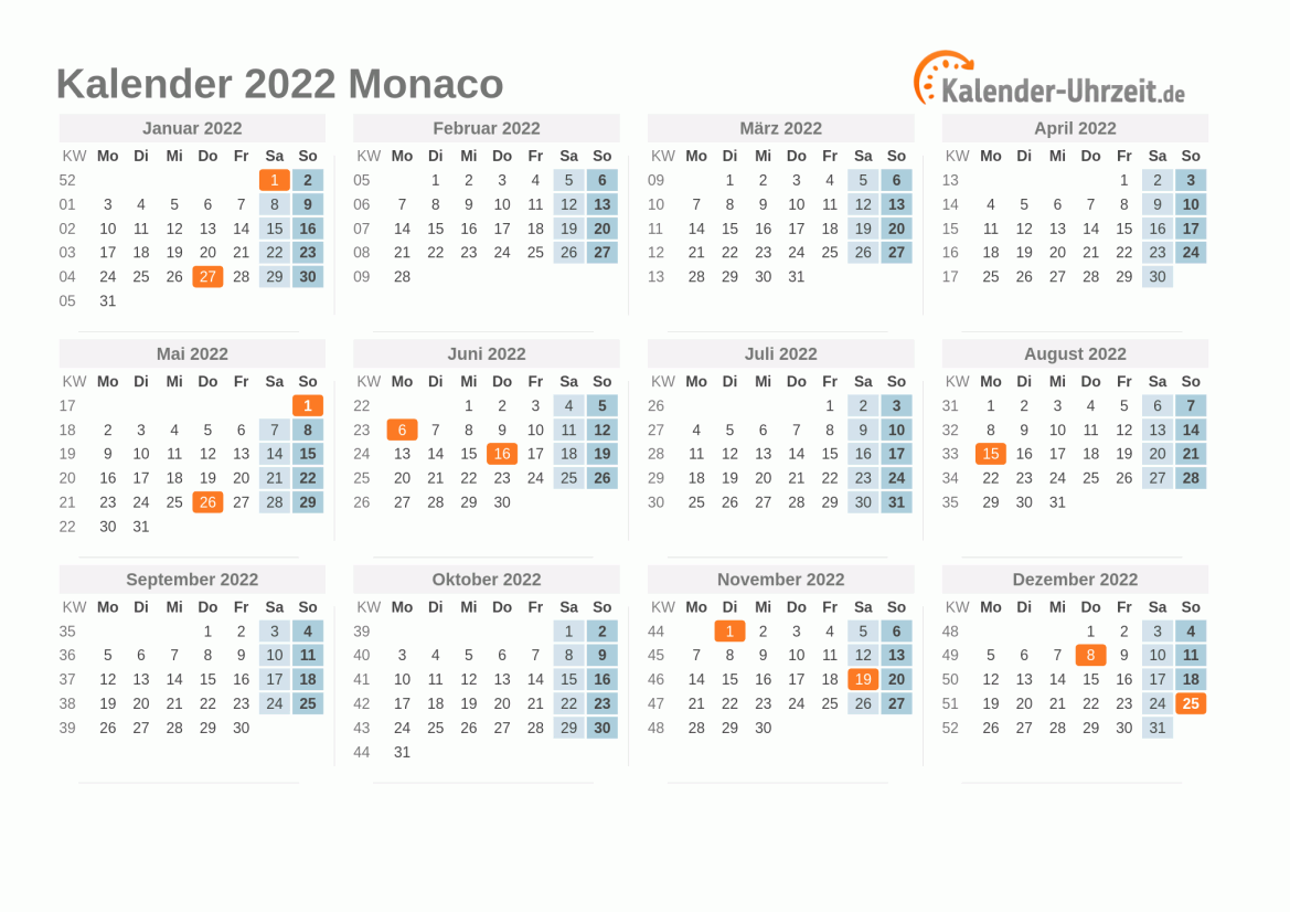 Kalender 2022 Monaco mit Feiertagen