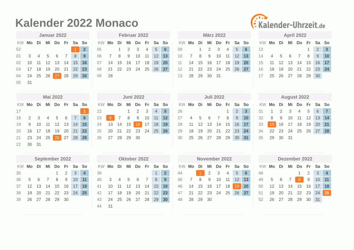 Kalender 2022 Monaco mit Feiertagen zum Ausdrucken Kalender 2022 Monaco mit Feiertagen