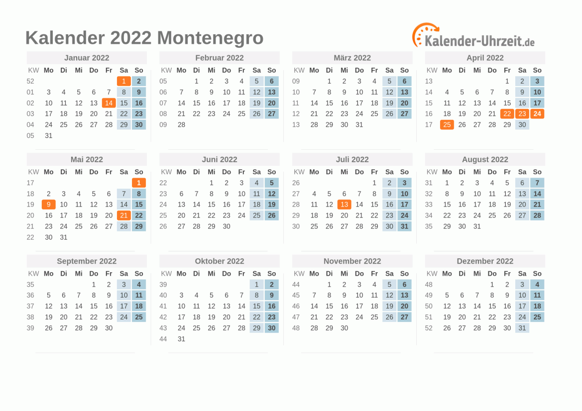 Kalender 2022 Montenegro mit Feiertagen