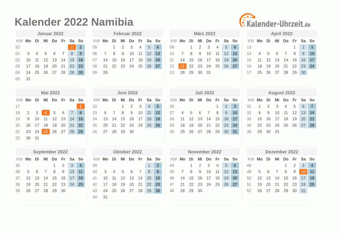 Kalender 2022 Namibia mit Feiertagen zum Ausdrucken Kalender 2022 Namibia mit Feiertagen