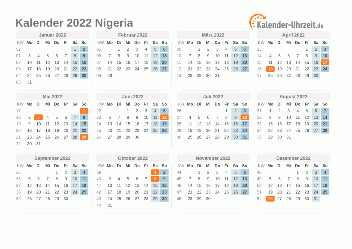 Kalender 2022 Nigeria mit Feiertagen
