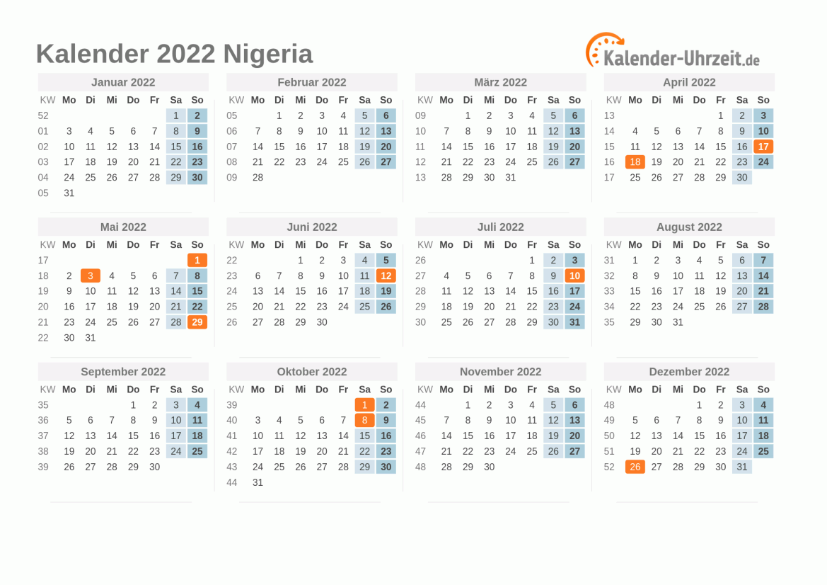 Kalender 2022 Nigeria mit Feiertagen zum Ausdrucken Kalender 2022 Nigeria mit Feiertagen