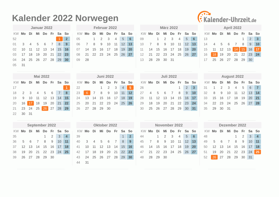 Kalender 2022 Norwegen mit Feiertagen