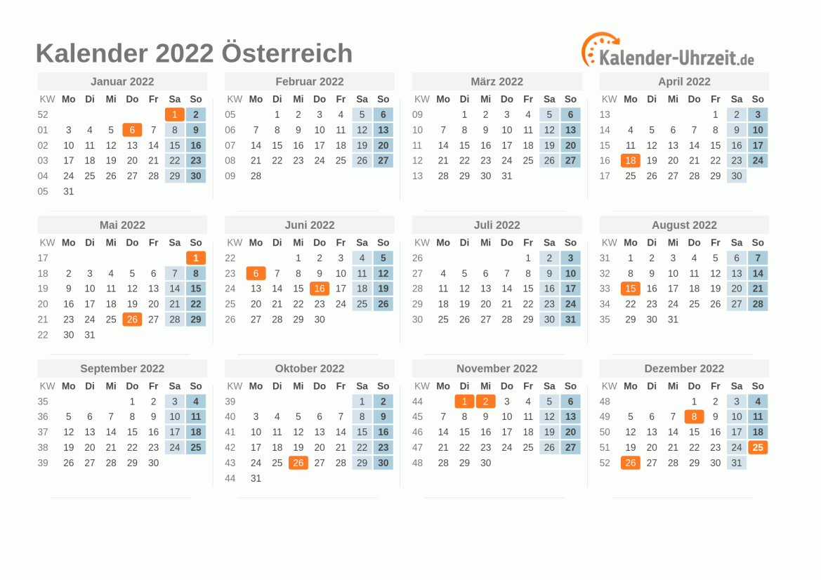 Kalender 2022 Österreich mit Feiertagen