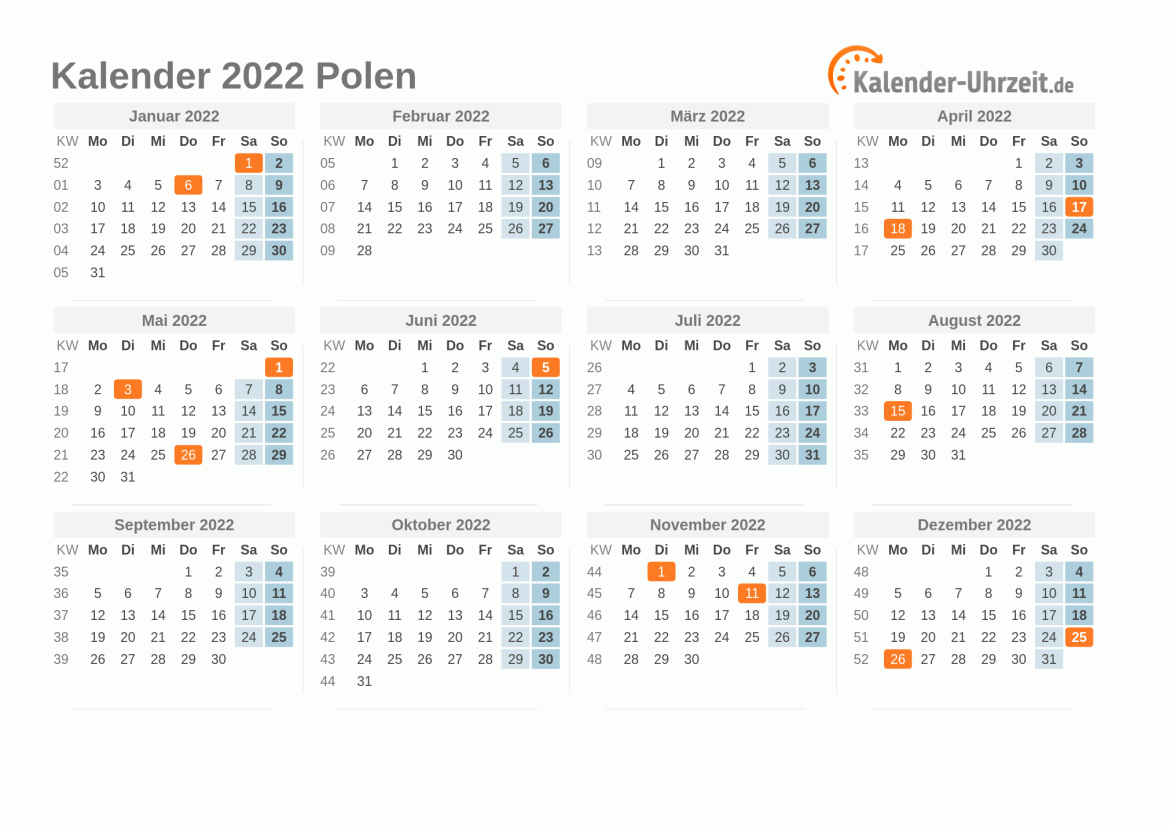 Kalender 2022 Polen mit Feiertagen