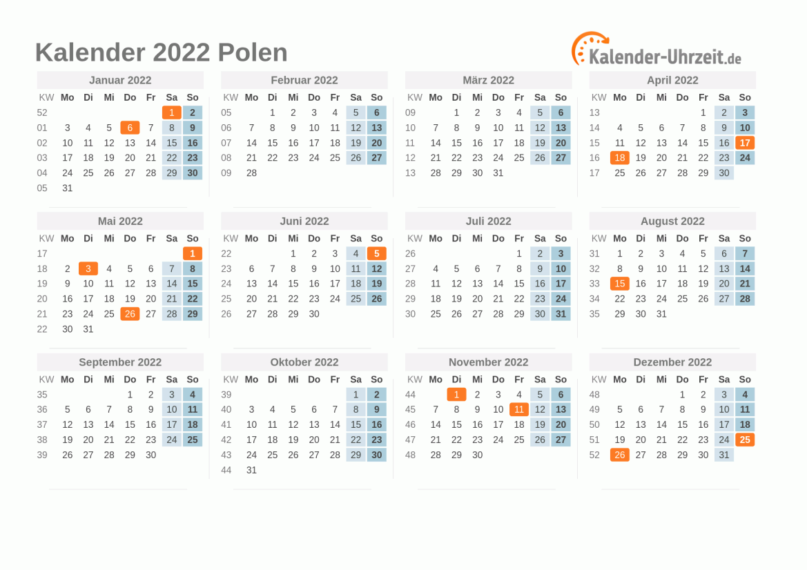 Kalender 2022 Polen mit Feiertagen zum Ausdrucken Kalender 2022 Polen mit Feiertagen