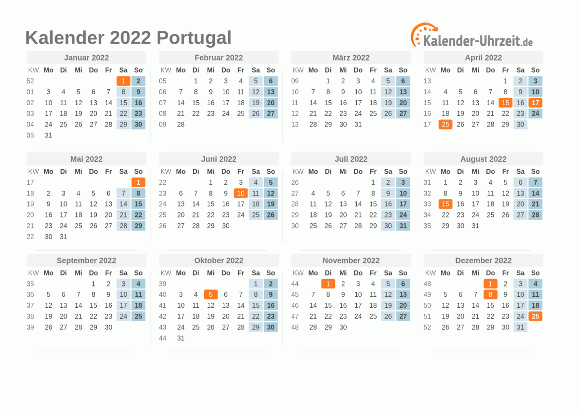 Kalender 2022 Portugal mit Feiertagen