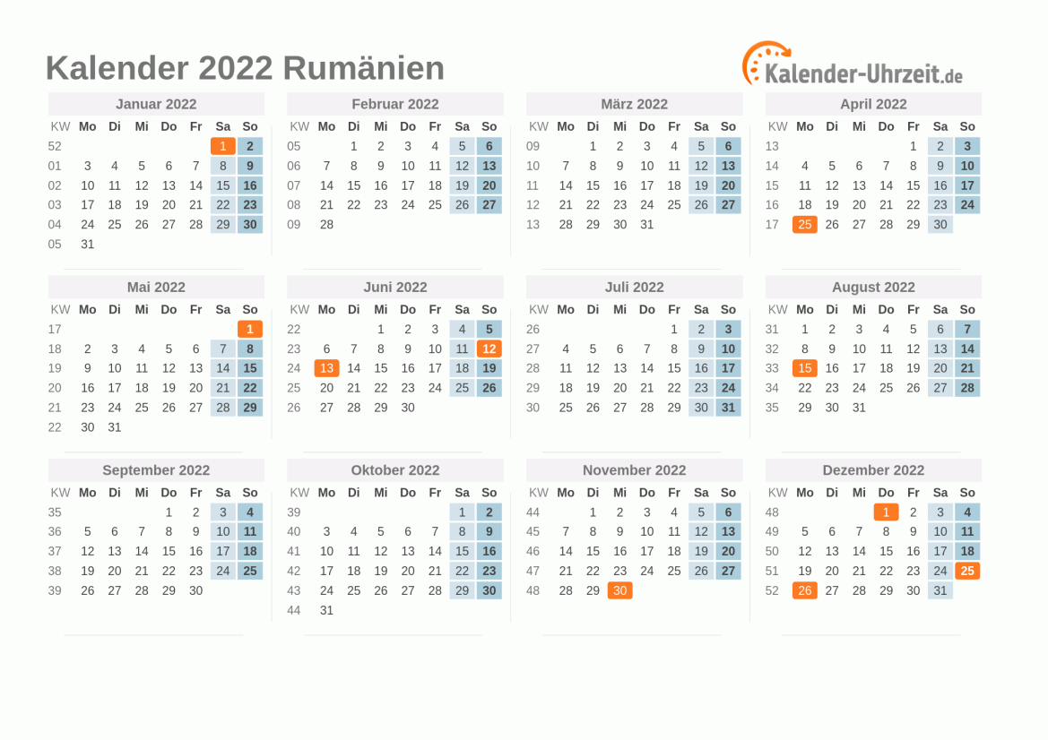 Kalender 2022 Rumänien mit Feiertagen