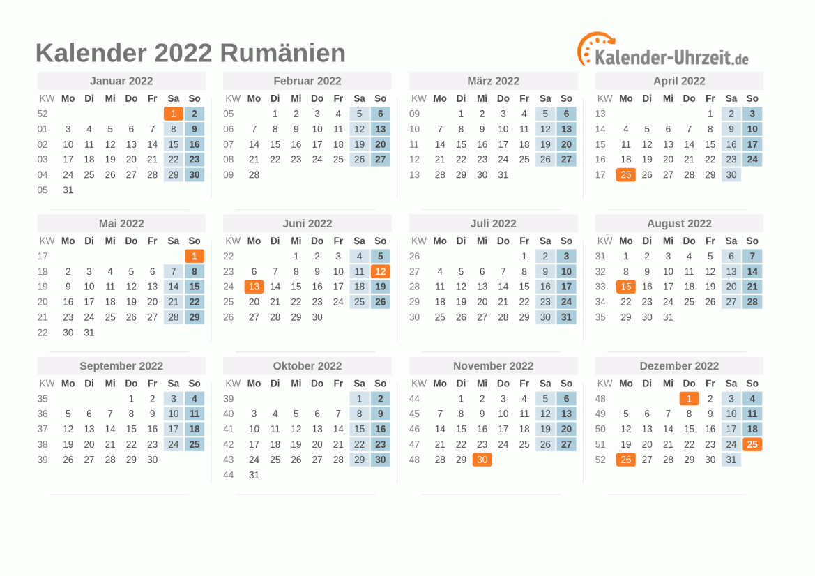 Kalender 2022 Rumänien mit Feiertagen zum Ausdrucken Kalender 2022 Rumänien mit Feiertagen