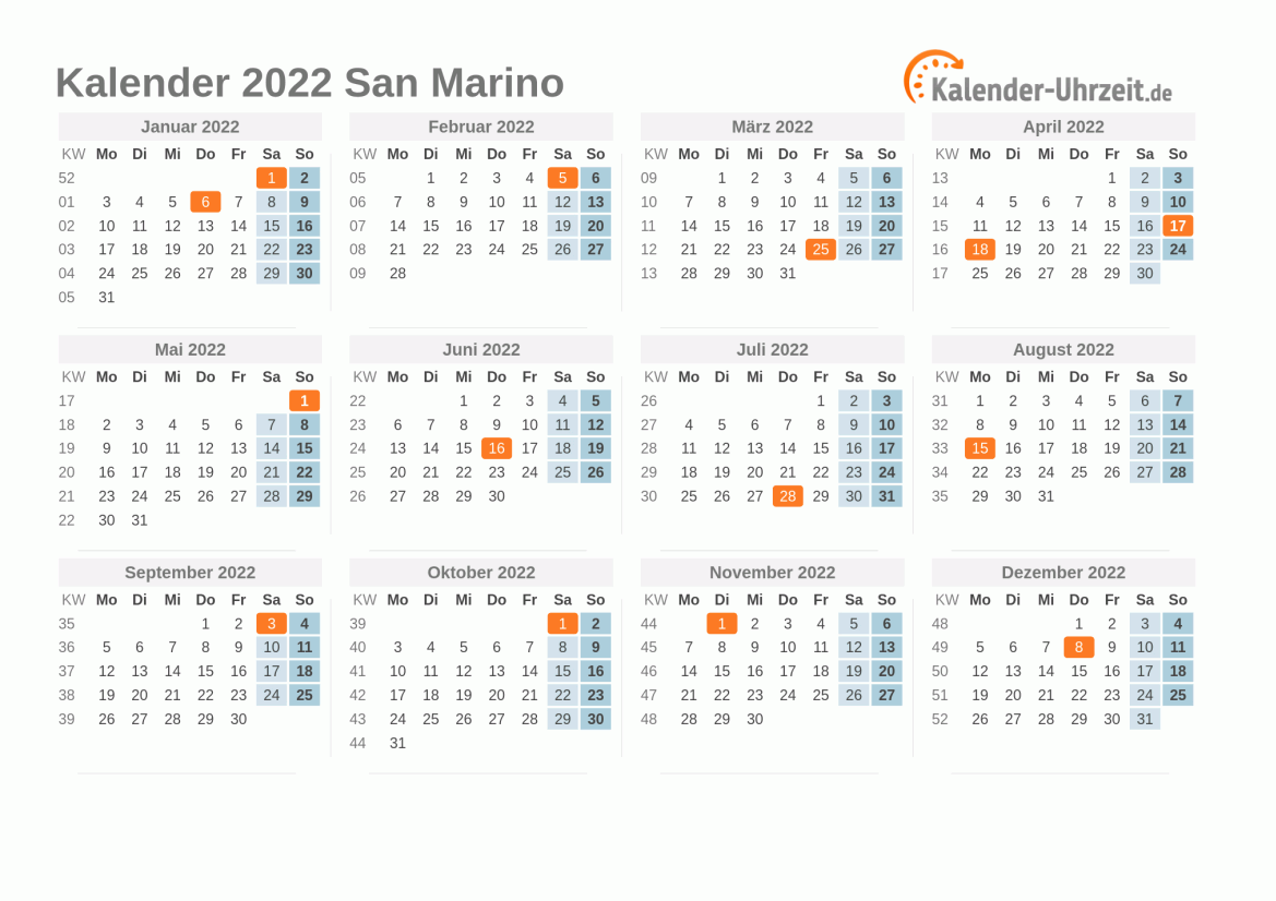 Kalender 2022 San Marino mit Feiertagen