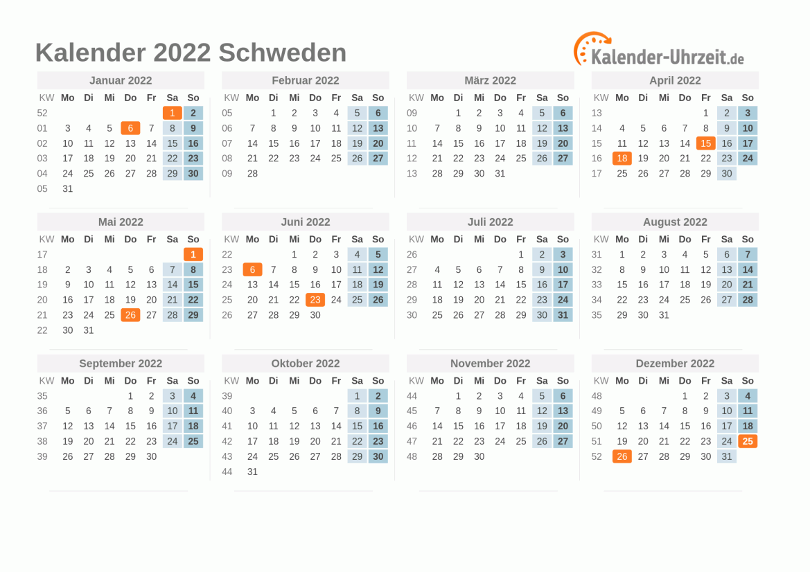 Kalender 2022 Schweden mit Feiertagen